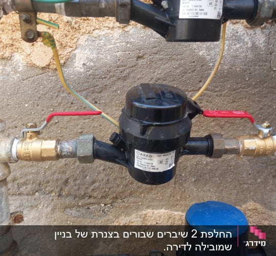 ברזים וצינורות מתכת עם מד מים על קיר
